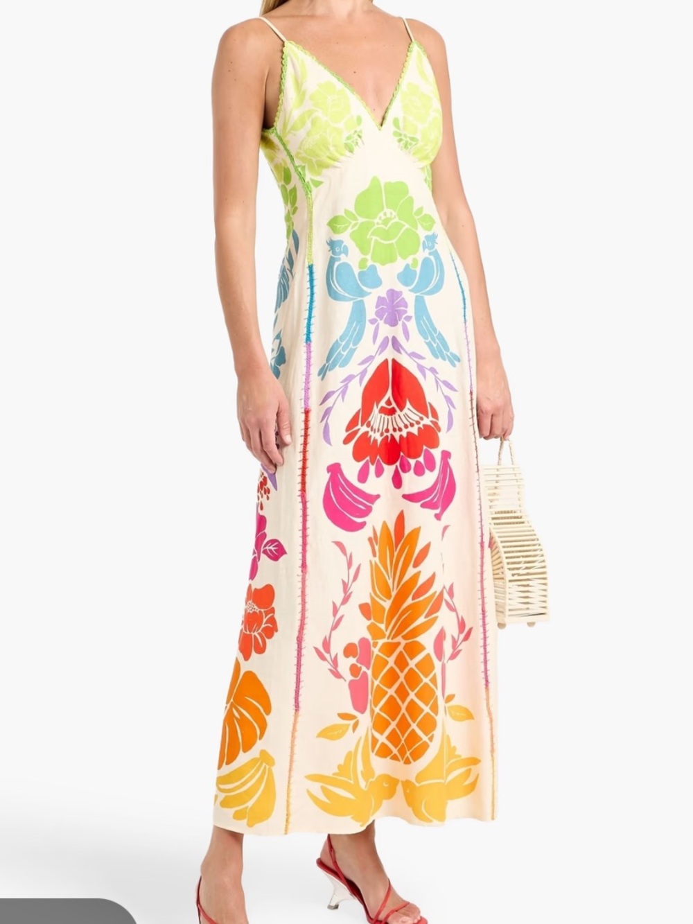 FARM Rio Cream Maxi Skirt with Lime, Aqua, Pink, Orange and Red Tropical Motifs